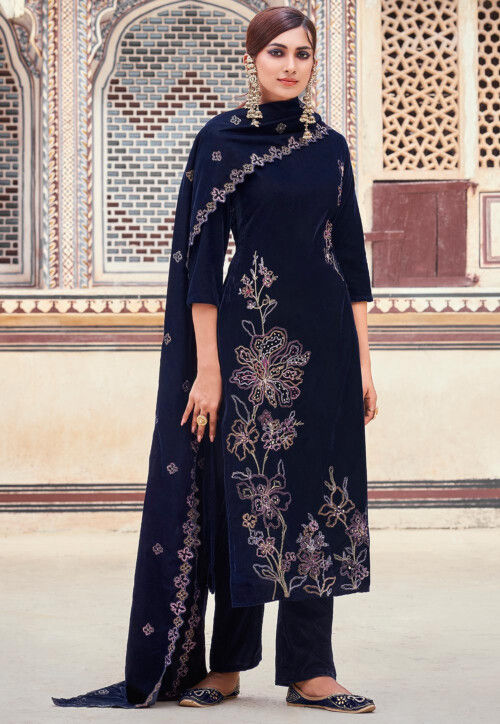 Embroidered Velvet Pakistani Suit in Navy Blue