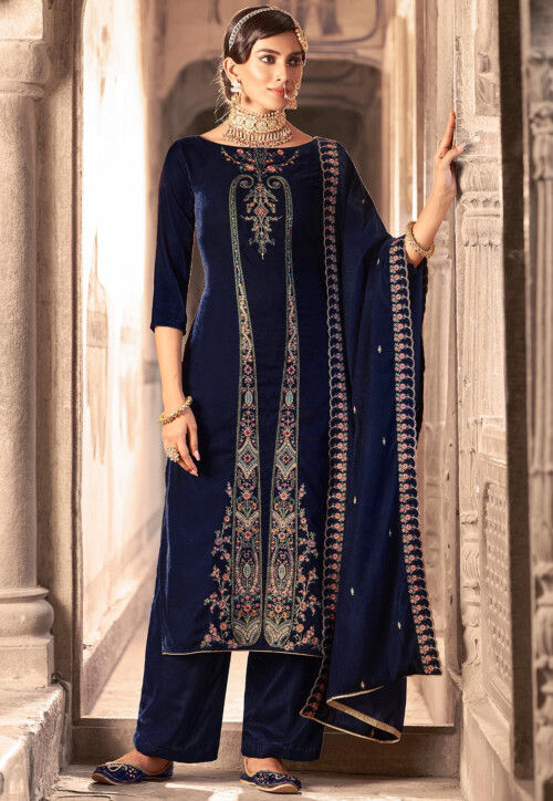 Embroidered Velvet Pakistani Suit in Navy Blue