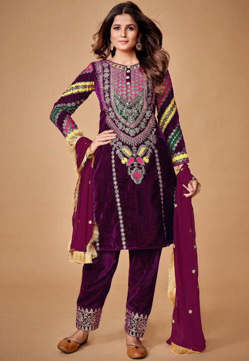 Embroidered Velvet Pakistani Suit in Purple