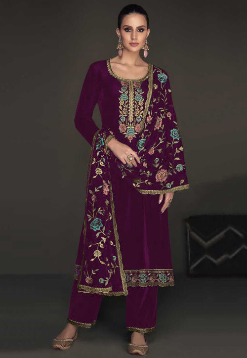 Embroidered Velvet Pakistani Suit in Purple