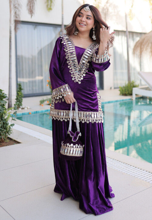 purple velvet pakistani dress Purple Embroidered Velvet Kameez with salwar