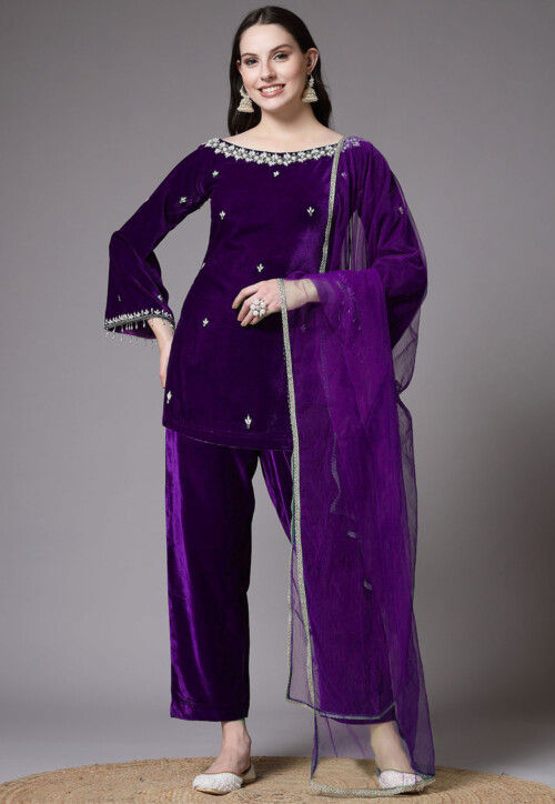 Buy Embroidered Velvet Pakistani Suit in Purple Online KUR151