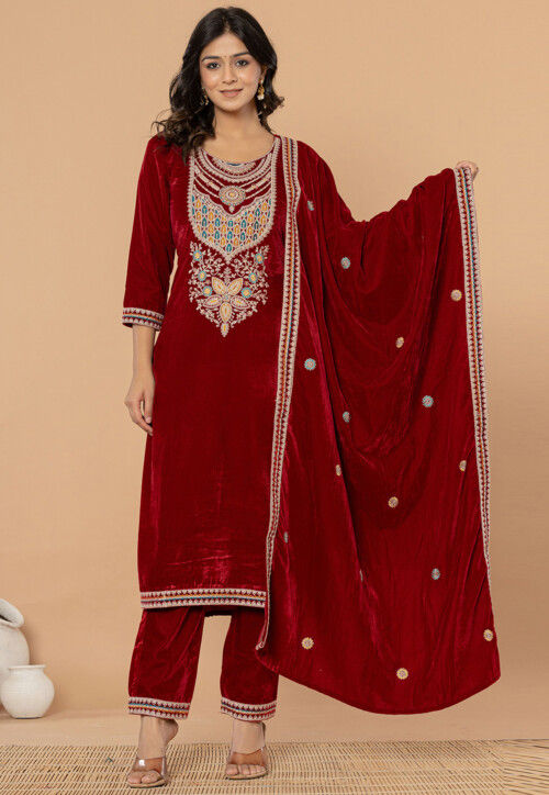 Embroidered Velvet Pakistani Suit in Red