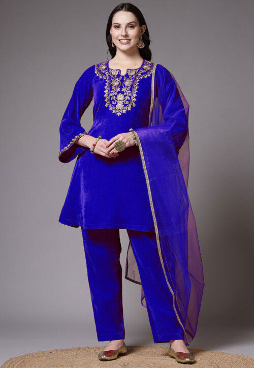 Embroidered Velvet Pakistani Suit in Royal Blue