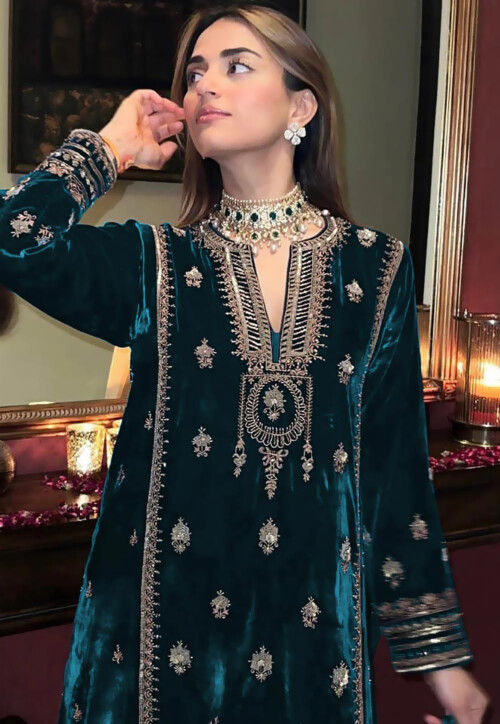 Buy Embroidered Velvet Pakistani Suit in Teal Blue Online : KJC3441 ...