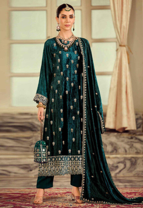 Embroidered Velvet Pakistani Suit in Teal Blue