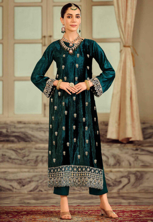 Embroidered Velvet Pakistani Suit in Teal Blue