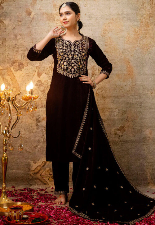 Embroidered Velvet Pakistani Suit in Wine