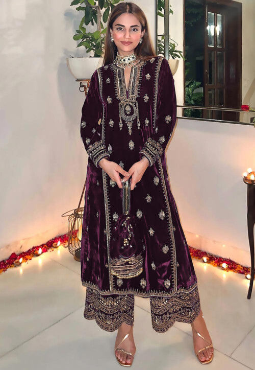 Buy Embroidered Velvet Pakistani Suit in Wine Online : KJC3439 - Utsav ...