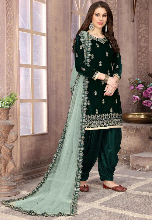 Embroidered Velvet Punjabi Suit in Dark Green