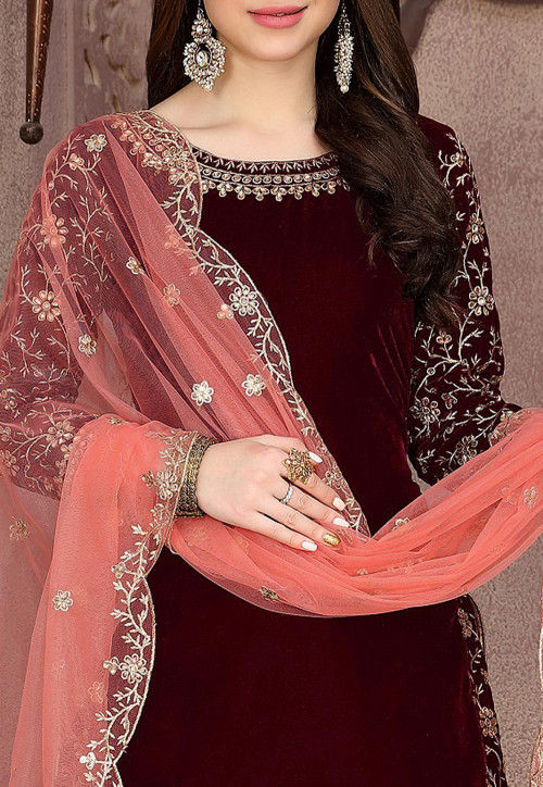 Buy Embroidered Velvet Punjabi Suit In Maroon Online Kch4622 Utsav Fashion 