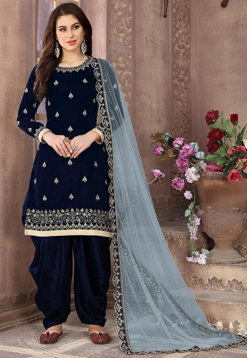 Embroidered Velvet Punjabi Suit in Navy Blue
