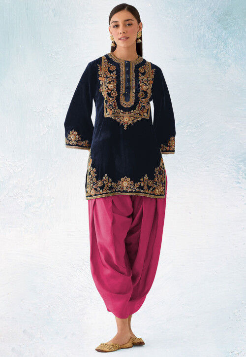 Embroidered Velvet Punjabi Suit in Navy Blue