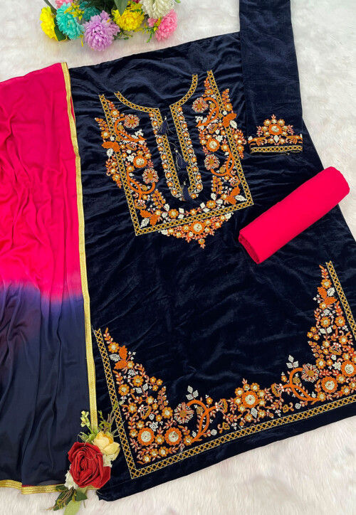 Embroidered Velvet Punjabi Suit in Navy Blue