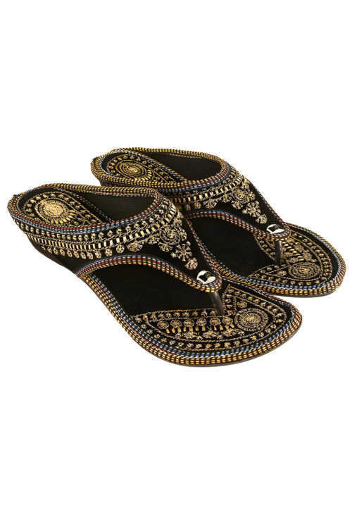 Embroidered Velvet Women Sandal in Black