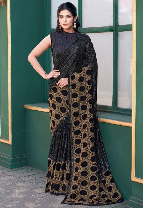 Embroidered Velvet Scalloped Saree in Black