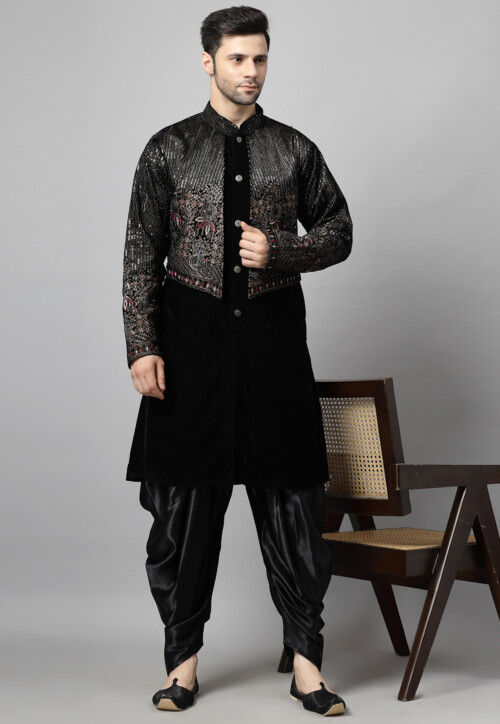 Embroidered Velvet Sherwani in Black