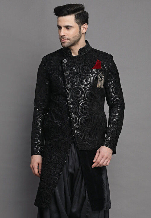 Buy Embroidered Velvet Sherwani in Black Online : MXX151 - Utsav Fashion