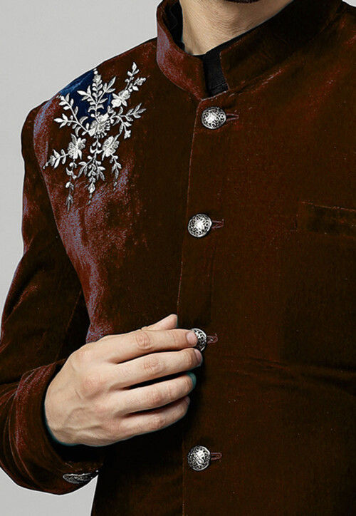 Ahhaaaa Boy's Velvet Work 2-Piece Indo-Western Set|Kids Embroidered Velvet Sherwani Set for Boy|Zipper Closer||