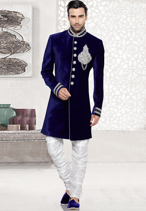 Buy Embroidered Velvet Sherwani in Dark Blue Online MGV669 Utsav Fashion