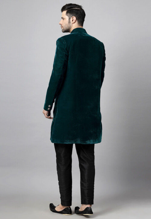 Embroidered Velvet Sherwani in Dark Teal Green and Black