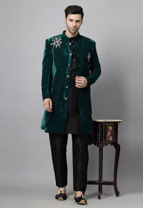 Embroidered Velvet Sherwani in Dark Teal Green and Black