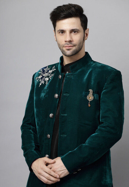 Embroidered Velvet Sherwani in Dark Teal Green and Black