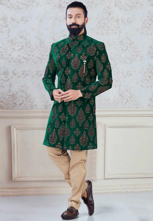 Embroidered Velvet Sherwani in Dark Green