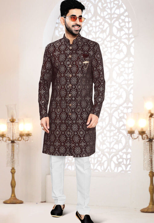 Embroidered Velvet Sherwani in Maroon