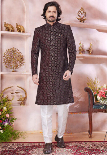 Embroidered Velvet Sherwani in Maroon