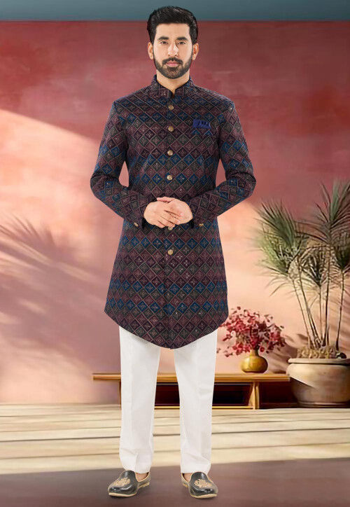 Embroidered Velvet Sherwani in Multicolor