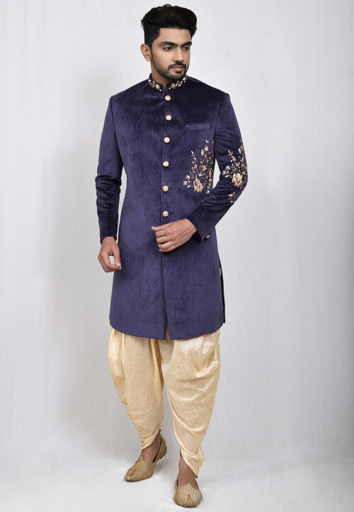 Buy Embroidered Velvet Sherwani in Navy Blue Online MTX1656