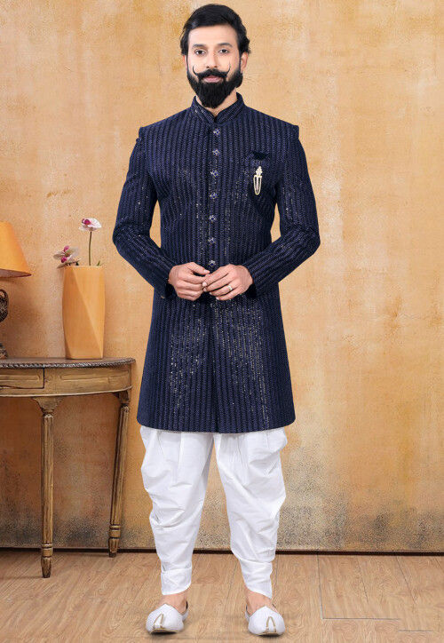 Navy blue 2024 velvet sherwani
