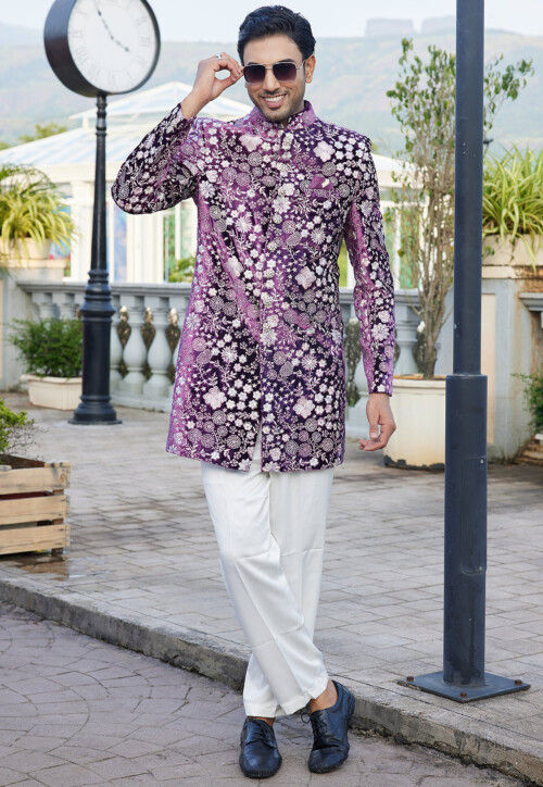 Embroidered Velvet Sherwani in Purple