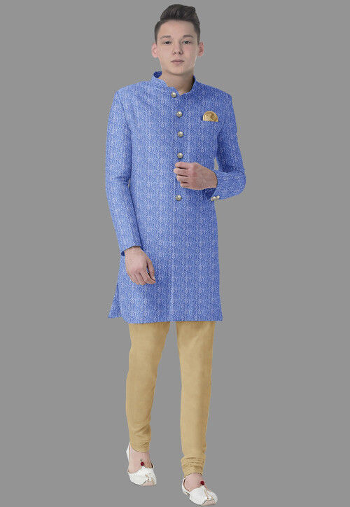 Embroidered Velvet Sherwani in Sky Blue