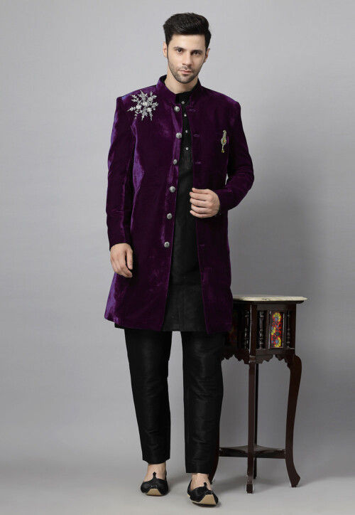 Embroidered Velvet Sherwani in Wine and Black