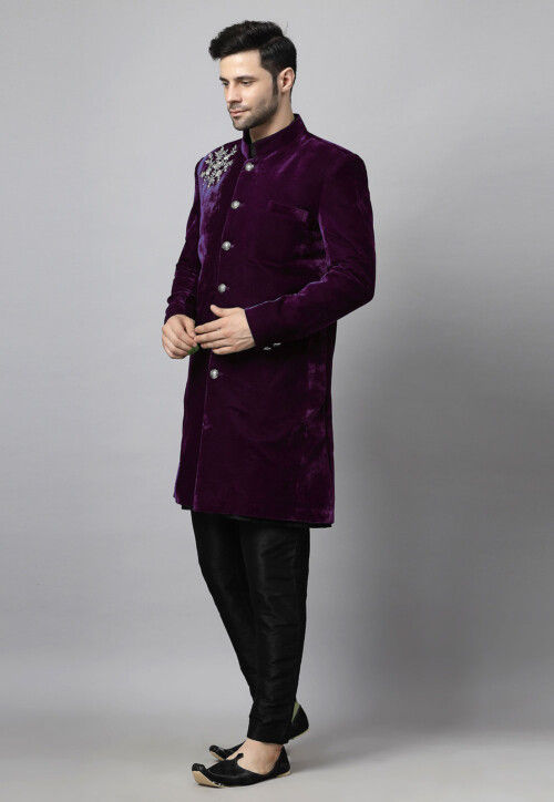 Embroidered Velvet Sherwani in Wine and Black