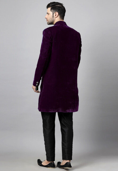 Embroidered Velvet Sherwani in Wine and Black