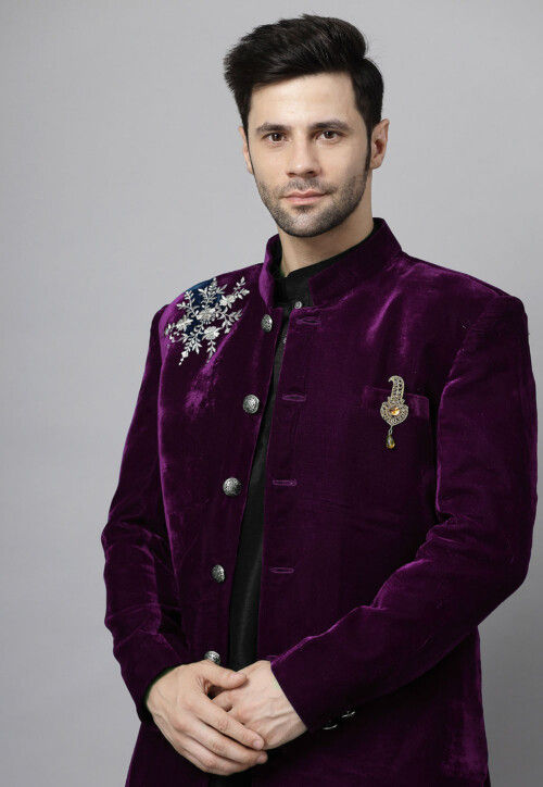 Embroidered Velvet Sherwani in Wine and Black