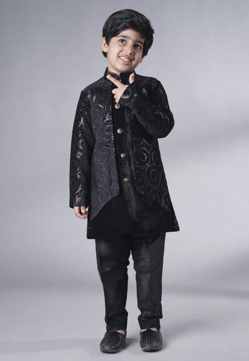 Embroidered Velvet Sherwani Set in Black