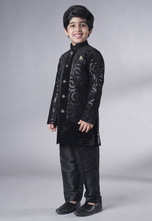Embroidered Velvet Sherwani Set in Black
