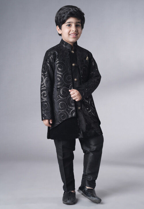 Embroidered Velvet Sherwani Set in Black