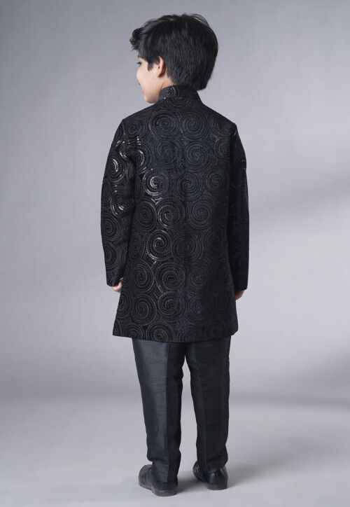 Embroidered Velvet Sherwani Set in Black