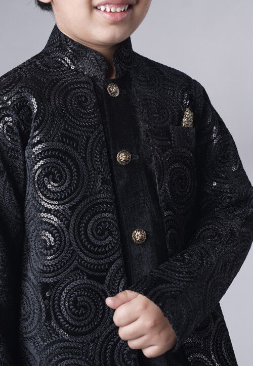 Embroidered Velvet Sherwani Set in Black