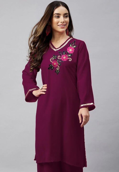 Embroidered Velvet Straight Kurta in Dark Purple