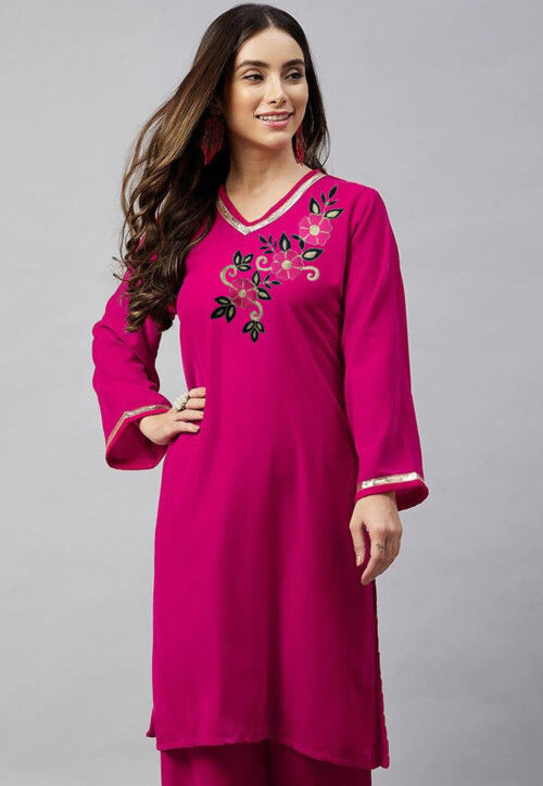 Embroidered Velvet Straight Kurta in Fuchsia