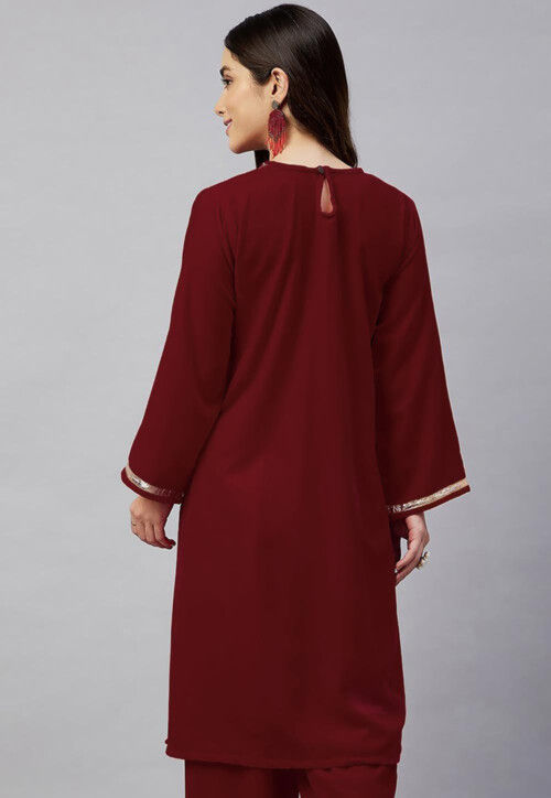 Embroidered Velvet Straight Kurta in Maroon