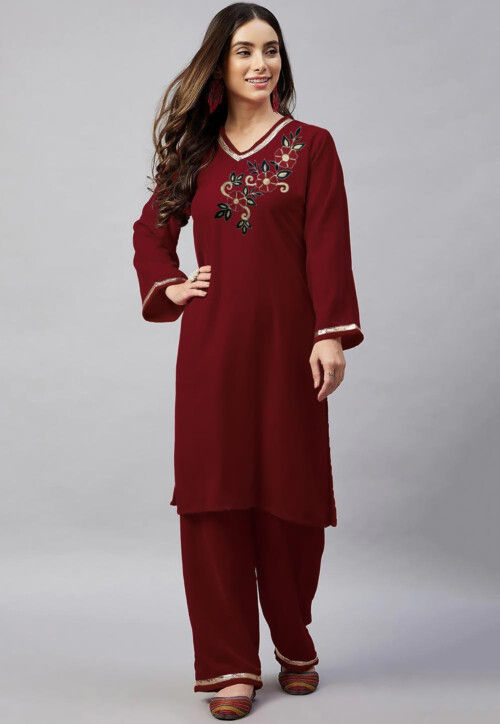 Embroidered Velvet Straight Kurta in Maroon