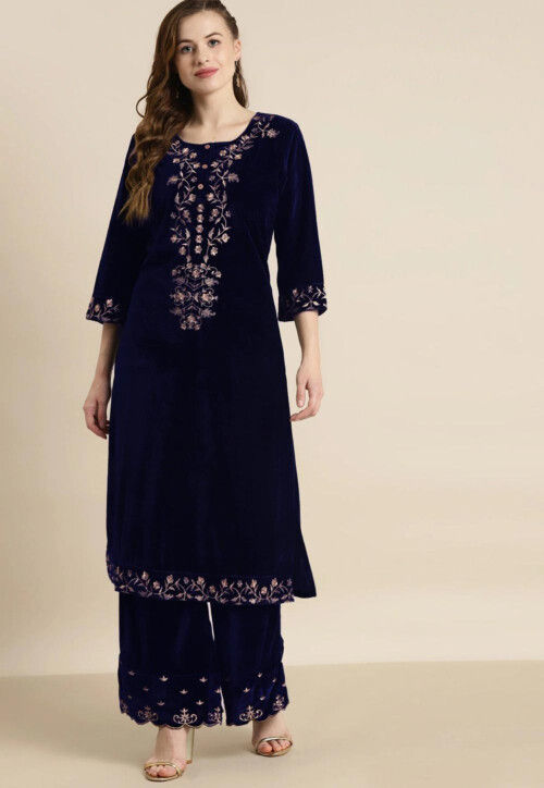 Women's Blue Velvet Embroidered/Sequence Work Straight Kurta With Palazzo - Miravan main image 1