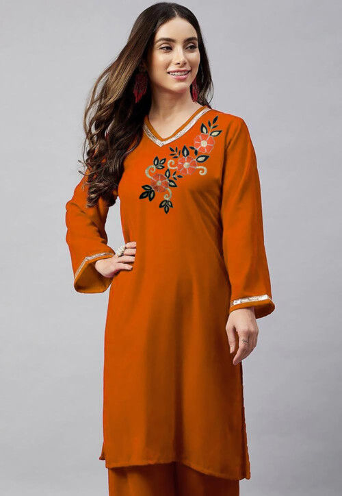 Embroidered Velvet Straight Kurta in Rust
